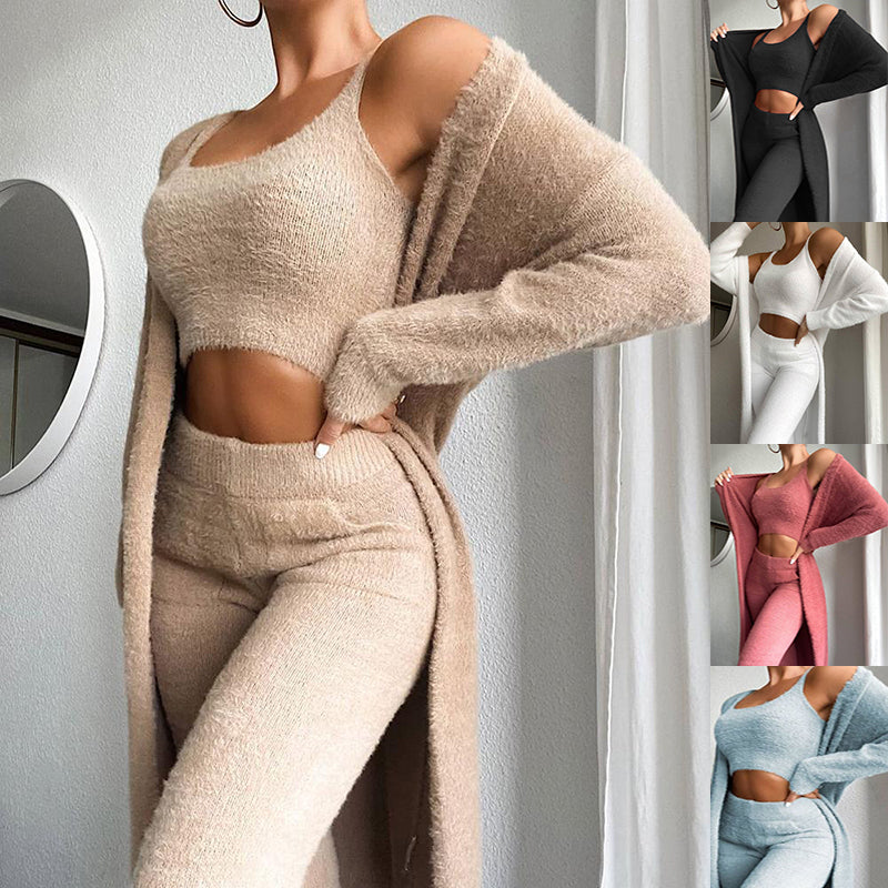 3pcs Fashion Solid Fluffy Crop Top Pants & Matching Sweater