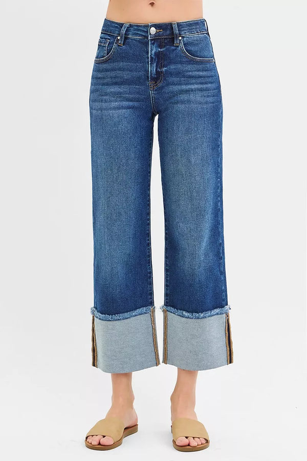 RISEN Full Size Mid Rise Crop Wide Wide Cuffed Jeans Plus Size