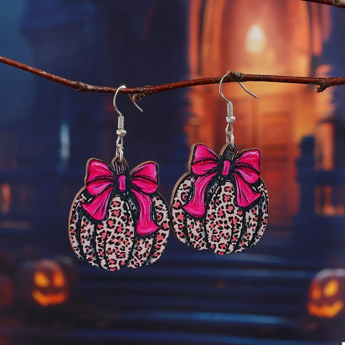 Halloween Pumpkin Leopard Print Bow Earrings