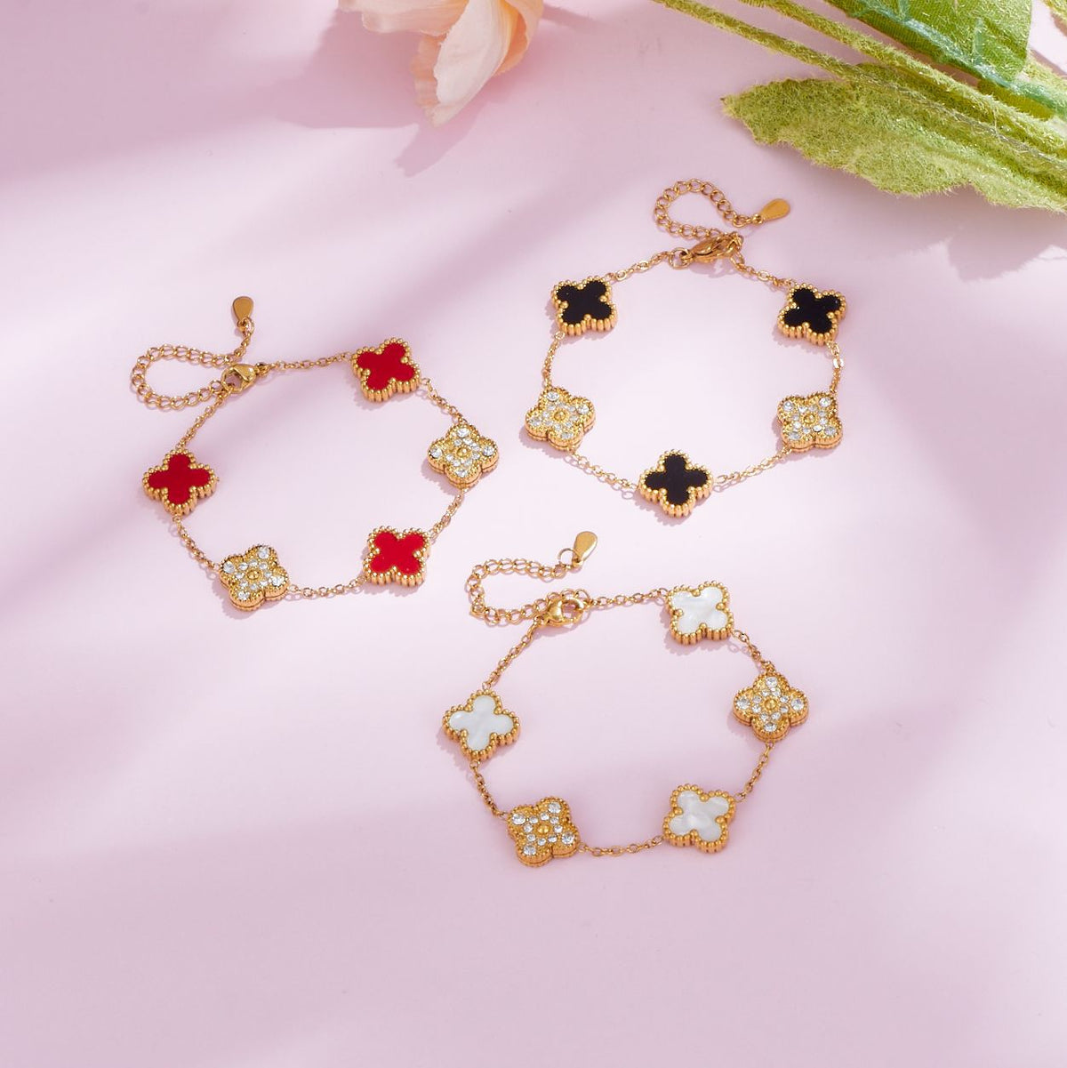 Popular Double Sided Fritillaria Lucky Five Flower Four Leaf Grass Bracelet Light Luxury Fashion Ins Style Colorful Ribbon Diamond Bracelet