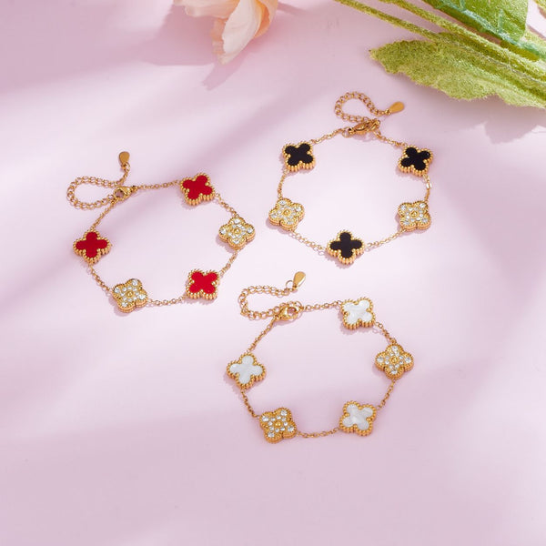 Popular Double Sided Fritillaria Lucky Five Flower Four Leaf Grass Bracelet Light Luxury Fashion Ins Style Colorful Ribbon Diamond Bracelet